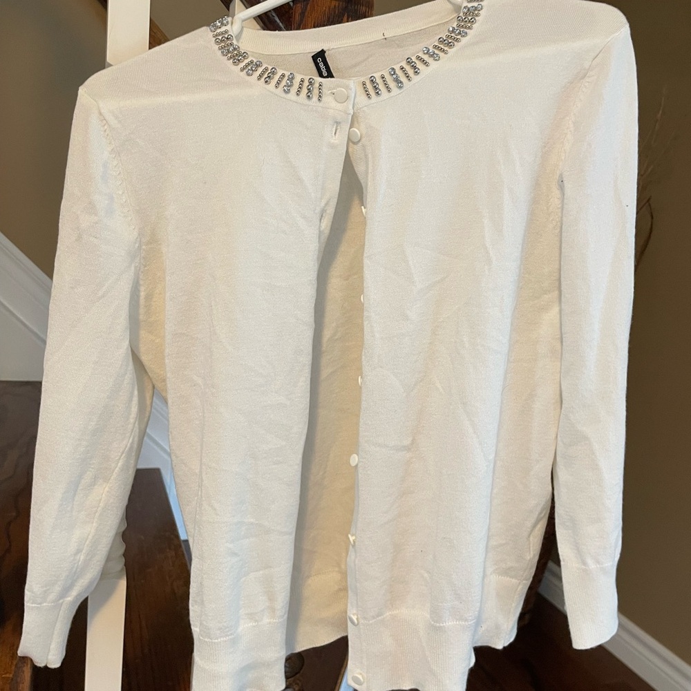 Cable & Gauge White Button Down Shirt with Embellished Neckline